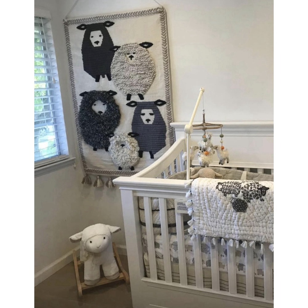 POTTERY BARN KIDS NURSERY WALL HANGING TEXTURED SHEEP WHITE BLACK WOOL/COTTON